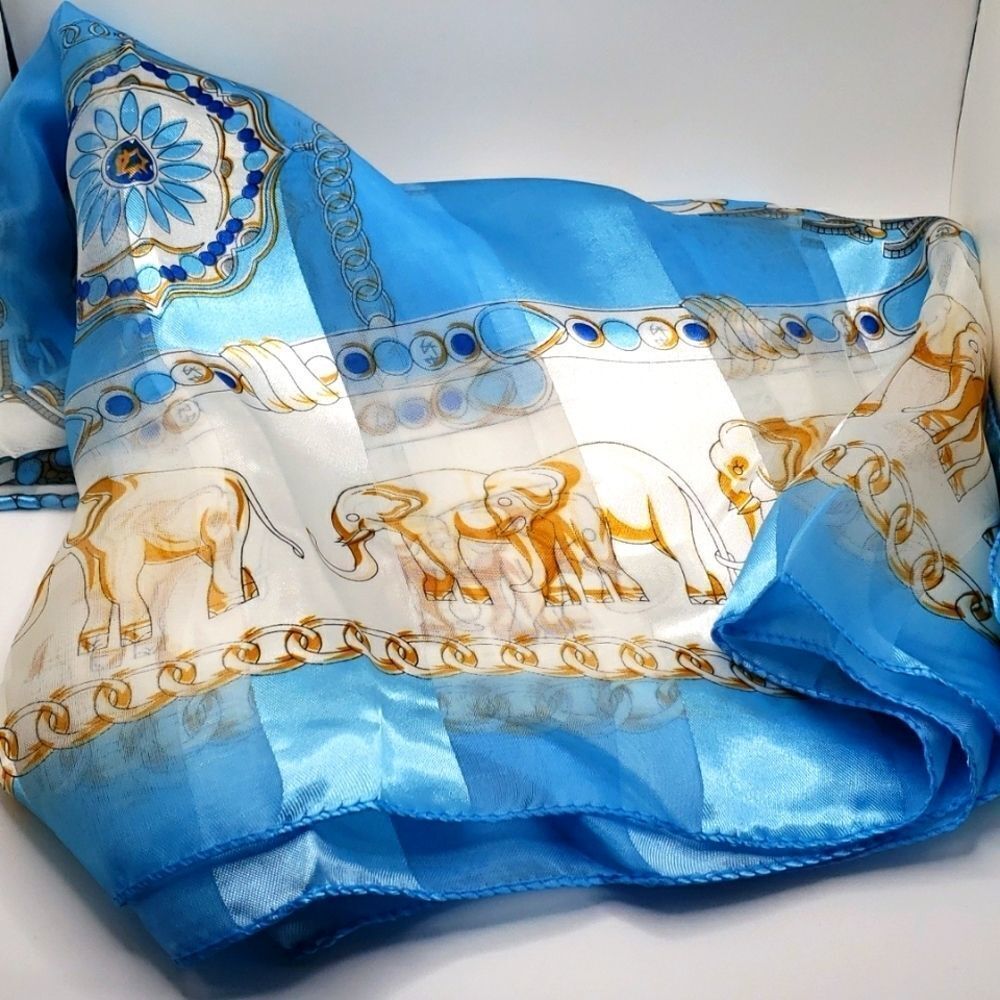 Blue white gold silk elephant scarf wrap ascot neck cover